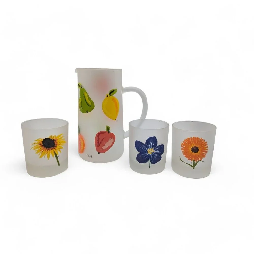 Dartington Spring Time Flowers Frosted Rocks Glass Pitcher & 3 Cups France